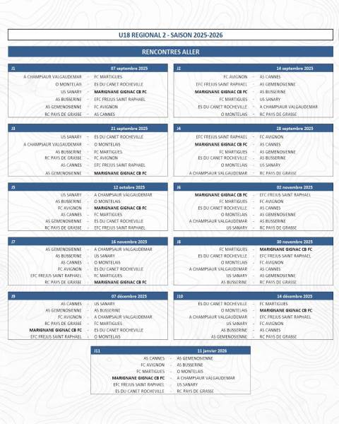 LE CALENDRIER DE NOS U18 R2 !