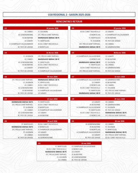 LE CALENDRIER DE NOS U18 R2 !